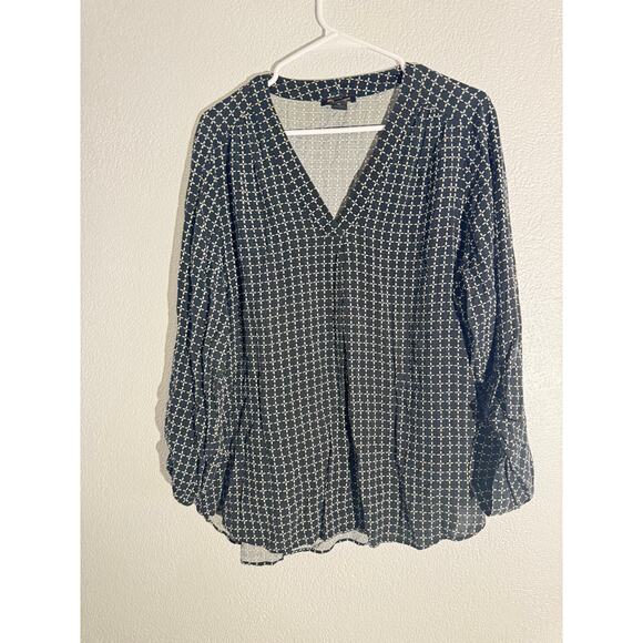 BYdesign Navy Blue Geometric V-Neck Blouse Women’s XL Long - Picture 4 of 4